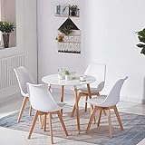 DORAFAIR Set aus Runder Küchentisch und 4 Skandinavischen Weißer Stühlen, für Küche Esszimmer Büro
